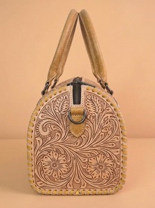Hand <b>Tooled</b> Cowhide <b>Leather</b> Duffel Bag with Floral Pattern Polyester Lining and Zipper Closure for Women Travel Weekender - Product Image 2