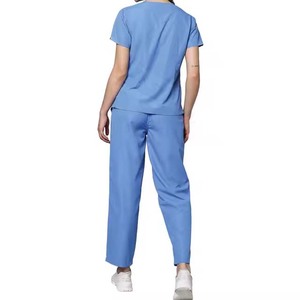 Ensemble de blouses et pantalons d'hôpital pour femmes, bleu, col en V, en coton et polyester tissé, couleur unie, avec détection d'aiguilles - Product Image 2