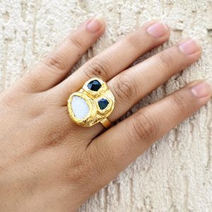 Exclusive design natural mother of pearl labradorite green onyx <b>adjustable</b> <b>ring</b> solid brass 18k gold plated bold fashion <b>rings</b> - Product Image 3