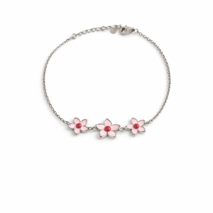 925 Sterling Silver Pink Enamel Flower Charm Bracelet Rhodium Finish Adjustable Chain Women's Wedding <b>Gift</b> - Product Image 1