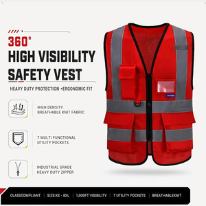 Chaleco de Seguridad de Alta Visibilidad Rojo Personalizado con Tiras Reflectantes, Porta Identificación, Cierre de Cremallera, Múltiples Bolsillos, Ropa de Trabajo de Seguridad para Hombre - Product Image 6
