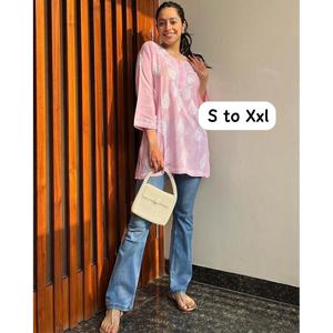 FANCY RAYON CHIKANKARI WORK SHORT <b>KURTI</b> PINK - Product Image 1