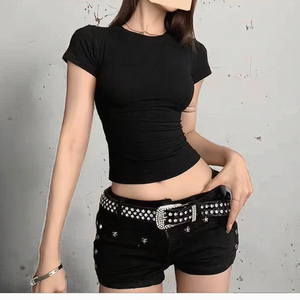 Women's Black Ribbed Cropped T-Shirt Short Sleeve O-Neck Slim Fit Y2K Style Knitted <b>Top</b> with <b>Rhinestone</b> Shorts Set - Product Image 6