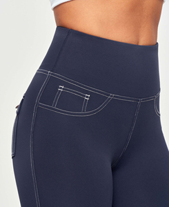 Leggings de yoga taille basse pour femmes, couleur unie, avec poches, surpiqûres contrastées, longueur intégrale, extensibles dans quatre directions, taille élastique, en Spandex/Nylon, séchage rapide - Product Image 5