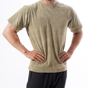 Men's Olive Green Acid Washed Cotton T-Shirt O-Neck Short Sleeve Solid Color Casual Jersey Knitted Blank <b>Design</b> Regular Fit - Product Image 1