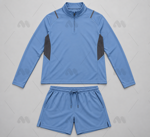Conjunto Deportivo para Hombre, Camiseta de Manga Larga con Cierre de Media Cremallera y Pantalones Cortos, Color Azul Claro, Secado Rápido, Transpirable, Absorbe el Sudor, para Verano - Product Image 6