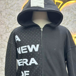 Competitive Price Unique Design Zipper Distressed Hoodie Rhinestone Zip up <b>Jacket</b> Acid Wash Men <b>Fleece</b> Streetwear Hoodie - Product Image 2