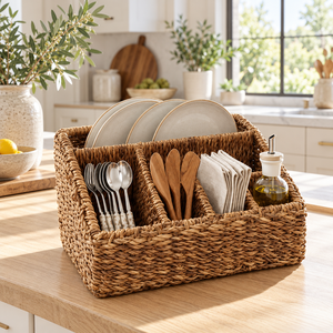 Panier de rangement rectangulaire en jonc de mer tressé à la main personnalisable avec 4 compartiments, organisateur de bureau minimaliste et durable à un seul niveau - Product Image 5