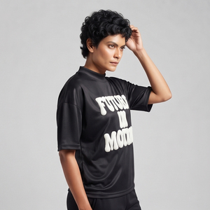 T-shirt à col montant et imprimé bouffant pour femme, épaules tombantes, léger, 100 % polyester, imprimé bouffant, pour l'été - Product Image 3