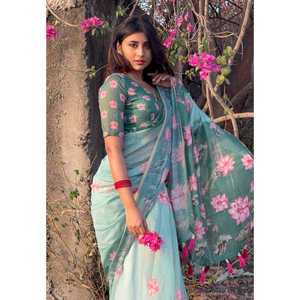 Sari en coton Chanderi vert de mer imprimé Pichwai de Elite Weaves avec bordure tissée en zari, robe de soirée élégante 500g - Product Image 3