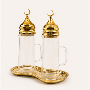 Juego de dispensadores de aceite de vidrio de lujo para decoración de Ramadán con bandeja, tapa dorada con forma de luna creciente islámica, decoración de mesa para Eid Mubarak - Product Image 5