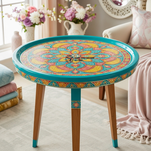 Traditional Hand-Painted Meena Wooden <b>Stool</b> Decorative Round Coffee <b>Table</b> <b>with</b> Mandala Art Ethnic Indian Style Tripod Side <b>Table</b> - Product Image 1