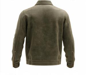 Veste en cuir véritable pour homme, col rabattu, fermeture éclair, style décontracté, couleur unie, coupe classique, pour l'automne - Product Image 5
