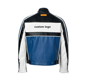Men's Wool/Viscose Motorcycle Jacket Patchwork Stand Collar <b>Covered</b> <b>Button</b> Closure Color Blocking Windproof Custom Logo Back - Product Image 1