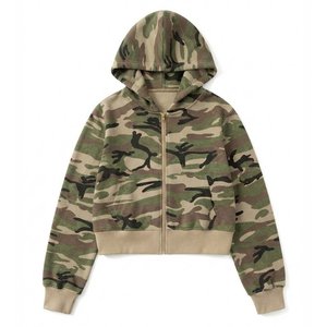 New Arrival Custom Logo Women's Camouflage <b>Hooded</b> <b>Zip</b>-Up Sweatshirt Short Length Casual Cotton Blend Knitted Full Sleeve Autumn - Product Image 1