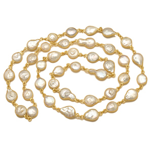 Collier de perles de forme irrégulière de haute qualité, 32 pouces de long, avec sertissage sans fin, en laiton plaqué or, style vintage, pour soirée, unisexe - Product Image 2