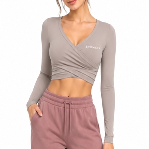 Women’s Long Sleeve <b>Wrap</b> Front Cropped Yoga Top Casual Activewear Long Sleeve Comfort Fit Lightweight Active Style - Product Image 2