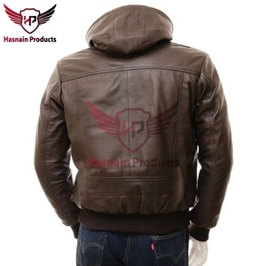 <b>Mens</b> Real <b>Brown</b> <b>Leather</b> <b>Jacket</b> Hooded Bomber Aviator Cowhide Coat Ribbed Knit Trim Custom Classic Winter Warm Fashion Outerwears - Product Image 6