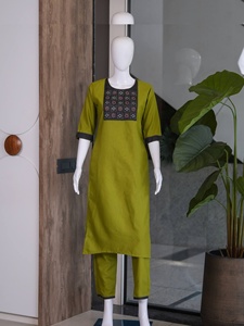 Green Cotton <b>Kurta</b> Pant Set With Embroidered Panel Traditional <b>Indian</b> Wear For Women Casual Ankle-Length Regular Fit - Product Image 4