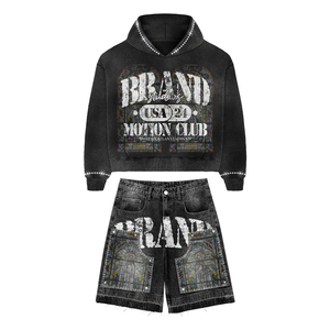 Men's Printed <b>Knitted</b> Hooded Sweatshirt <b>Set</b> Wholesale Price 80% Cotton 20% Poly Black Color Two Piece <b>Sets</b> Hoodie & Shorts <b>Set</b> - Product Image 1