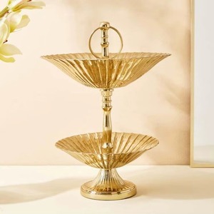 Industry Trending Two Tiered Gold Plated Serving Tray Set Round Glam <b>Decorative</b> Stand with Handle for Wedding Display - Product Image 1
