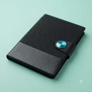 Carnet de notes Aurelux noir côtelé, relié, base en cuir lisse, bleu vif, fermeture à bouton, élégant, professionnel, premium - Product Image 4