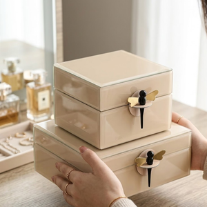 Premium Beige Glass Decorative Storage Box Set Contemporary Luxury Organizer Collection for Jewelry Keepsakes and Interior Decor - Product Image 2