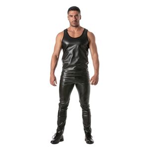 Camiseta sin mangas estilo cuero negro ajustada para hombre, ropa de club, sexy, para fiesta nocturna, top de moda. - Product Image 3
