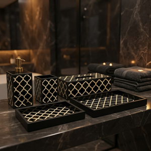 Modern Black Glass Bathroom Accessories Set 6 Pieces|Soap Dispenser, <b>Toothbrush</b> <b>Holder</b>, Tumbler & Tray |Elegant Rectangle Design - Product Image 1