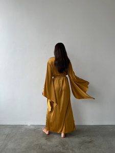 Mustard Gold Satin Kimono Maxi Robe Dress Wide Sleeves Deep V-Neck Adjustable Tie Natural Waist Washable Luxury Resort <b>Beach</b> - Product Image 6