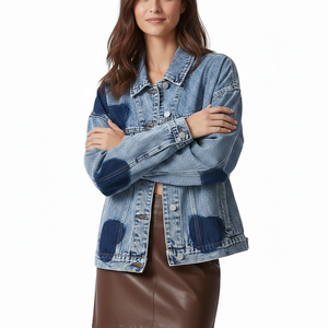 Chaqueta Vaquera Personalizada con Logotipo y Estampado a Bloques para Mujer, Estilo Vintage Oversize, Ropa Casual Urbana al por Mayor - Product Image 1