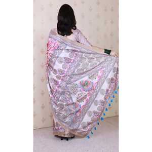 Sari de Seda Tussar Crema con Estampado Fusion Madhubani de Elite Weaves, con Borde Tejido con Zari, para Fiesta - Product Image 4