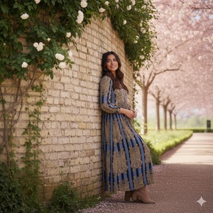 Tiger Print Cotton Floor Length A LINE Dress V Neck <b>Three</b> Quarter Puff Sleeves Women's Daily Wear Embroidery Detail - Product Image 3