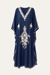 Boho Maxi <b>Dress</b> With Lotus Embroidery Batwing Sleeve <b>Loose</b> Fit V-Neck Asymmetrical Hem Summer Casual <b>Dress</b> Solid Navy Blue - Product Image 2