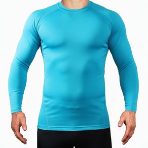 Men's Blue Long Sleeve Compression Shirt Slim Fit O-Neck Athletic Base <b>Layer</b> <b>Top</b> with Face Cover Sporty Regular Fit Tee - Product Image 2