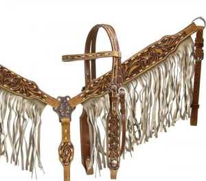 2026 High Quality Brown Western Breastplate Fringe New Arrival Horse Tack Set Leather <b>Equestrian</b> Headstall Breast Collar - Product Image 4