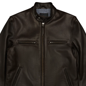 Men’s Dark Brown Genuine Leather <b>Racer</b> <b>Jackets</b> Stand Collar Zip Front Slim Fit Premium Casual Custom Motorcycle Winter Outerwear - Product Image 1