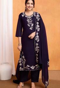 Ensemble de costumes pour femmes en soie Vichitra brodée, vêtements ethniques de luxe pour les occasions spéciales, couleurs violet, bleu, rose, vente en gros, boutique, achat en gros - Product Image 3