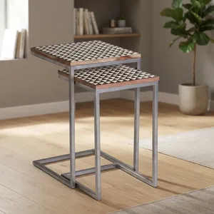 Modern Nesting Side <b>Tables</b> with Wood Bone Inlay Tops Geometric Pattern Metal Frames Living Room Accent Furniture - Product Image 6