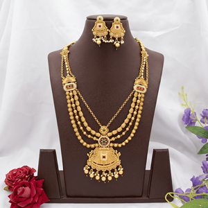 Parure de collier longue traditionnelle plaqué or avec rubis, finition mate, bijoux de mariage artificiels pour femme avec boucles d'oreilles - Product Image 1
