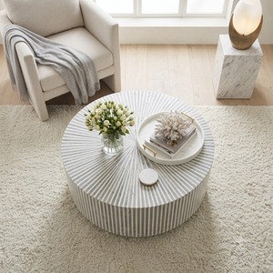 Mesa de Centro Moderna de Piedra Redonda para Sala de Estar, Mesa de Centro con Incrustaciones de Hueso Natural y Marco de Madera, Muebles para Villa - Product Image 4