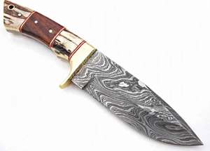 Couteau utilitaire d'extérieur à lame fixe en acier Damas fait main avec manche en corne de cerf et bois de rose - Product Image 3