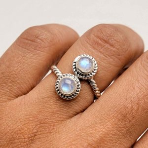 Rainbow Moonstone Natural <b>Stone</b> Bezel Setting Classic 14k Gold Plated 925 Sterling <b>Silver</b> Dual Gemstone Wedding Promise <b>Ring</b> - Product Image 1