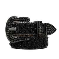 Ceinture décontractée en cuir véritable noir réversible avec boucle à ardillon, ornements en strass et boucle rectangulaire en alliage imprimée par transfert thermique