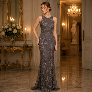 Robe de soirée sirène en dentelle florale de luxe |   Robe maxi brodée sans manches |   Robe de soirée élégante pour femmes, idéale pour les mariages et les bals - Product Image 3