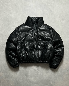 Wholesale High Quality Black PU Leather <b>Puffer</b> <b>Jacket</b> Custom <b>Cropped</b> Stand Collar Button Front Oversized Warm Winter Bubble Coat - Product Image 1