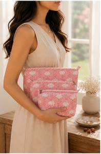 Juego de 3 Bolsas Acolchadas de Lujo Personalizadas, Bolsa de Aseo de Algodón Jaipur con Estampado de Bloques, Organizador de Maquillaje, Estuche de Cosméticos, Kit de Viaje para Mujer - Product Image 2