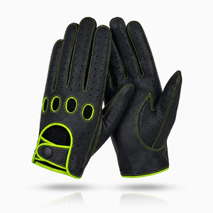 Gants de conduite en cuir de mouton noir pour hommes et femmes, coutures vertes, trous de ventilation, respirants, confortables, pour la conduite quotidienne - Product Image 2