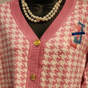 <b>Women</b> Pink White Houndstooth Knit <b>Cardigan</b> V Neck Gold Button Long Sleeve Embroidered Pocket Casual Fashion <b>Sweater</b> Jacket - Product Image 5