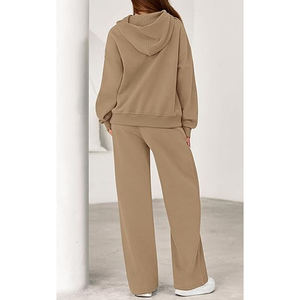 Women's Beige Hooded Sweatshirt And Wide Leg Pants Set Casual Loose Fit Full Sleeve Solid Color Drawstring Waist <b>Tracksuit</b> - Product Image 2